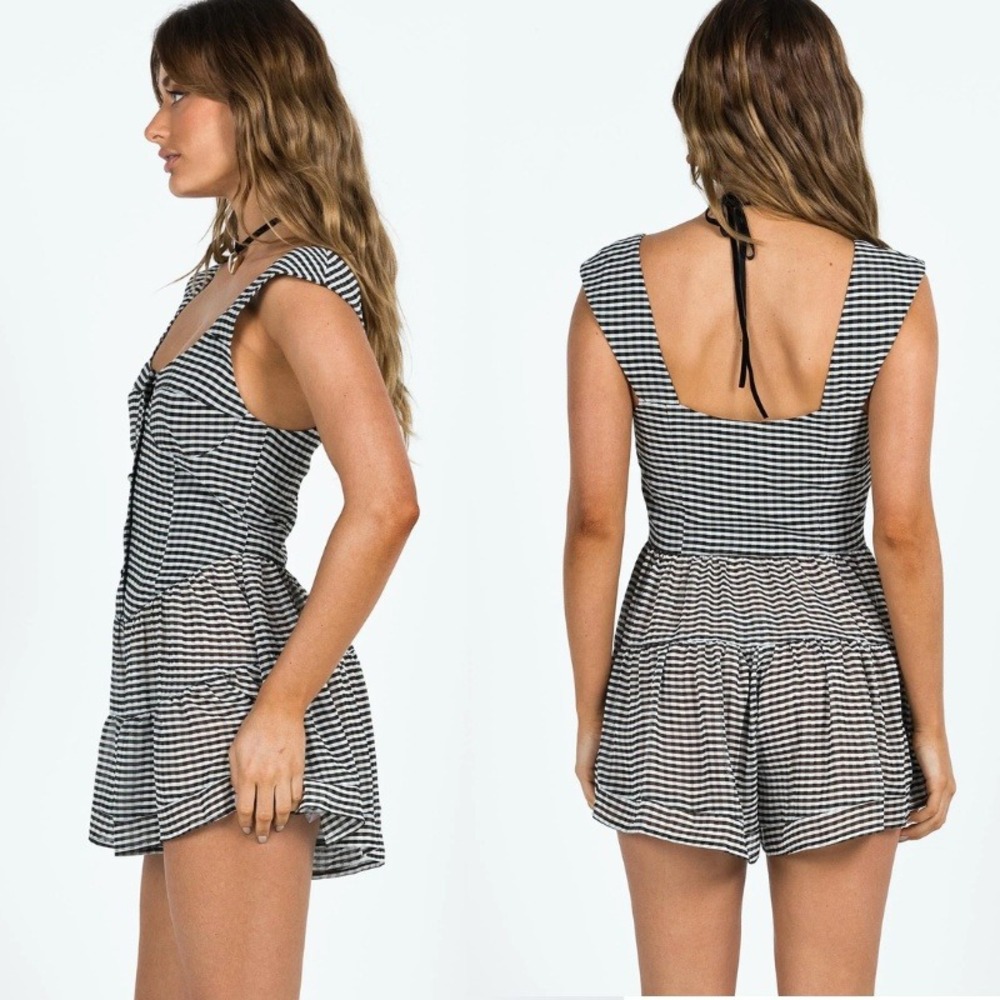 Lioness Winona Romper Black Check Gingham Bustier Button Front Tiered Ruffle M - Picture 12 of 12